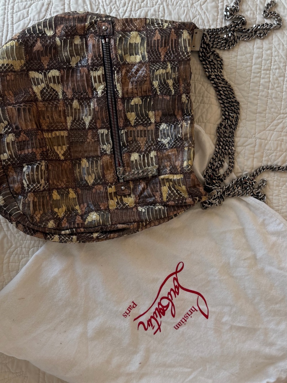 Authentic Christian Louboutin Brown & Cream Python-Pattern Chain-Handle Hobo - Picture 6 of 7